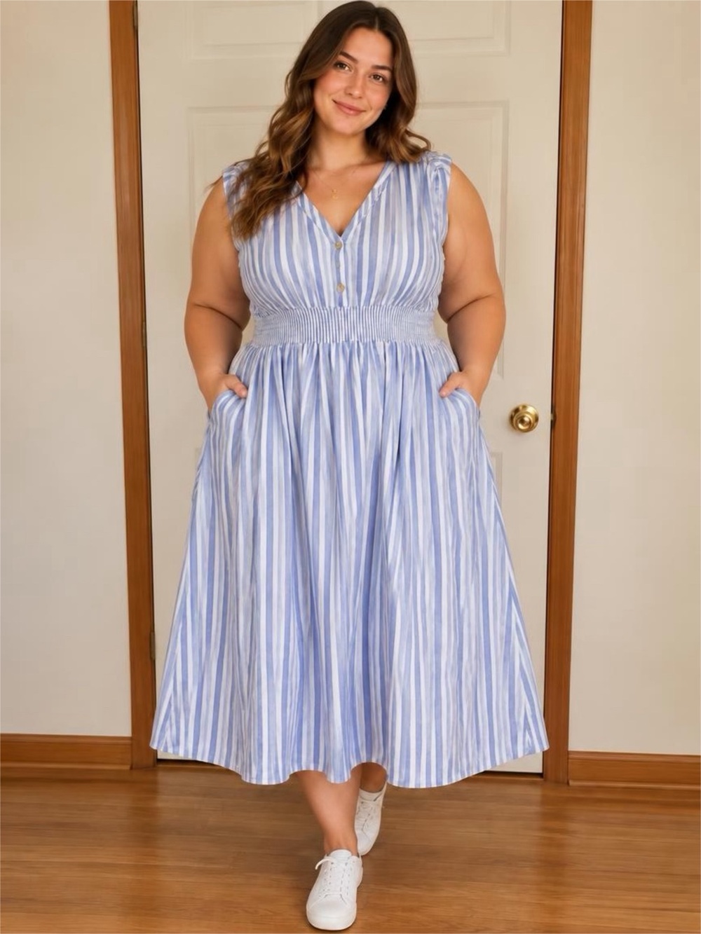 BloomChic Blue and White Striped Midi Dress with Smocked Waist